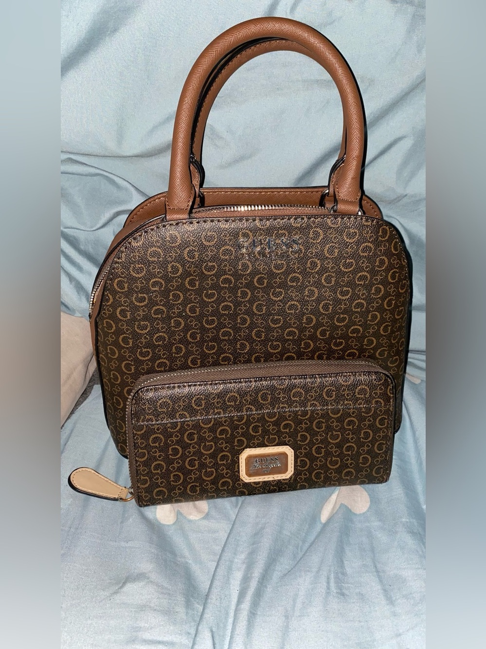 Guess Brown Monogram Satchel with Matching Wallet
